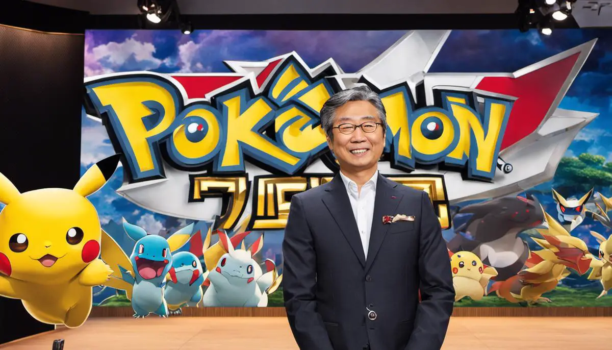 Tsunekazu Ishihara, the CEO and President of The Pokémon Company, standing in front of a Pokémon-themed background.