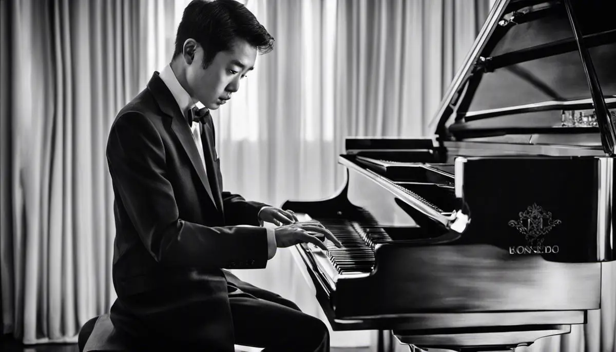 A black and white image of a young Koji Kondo playing the piano with intense focus