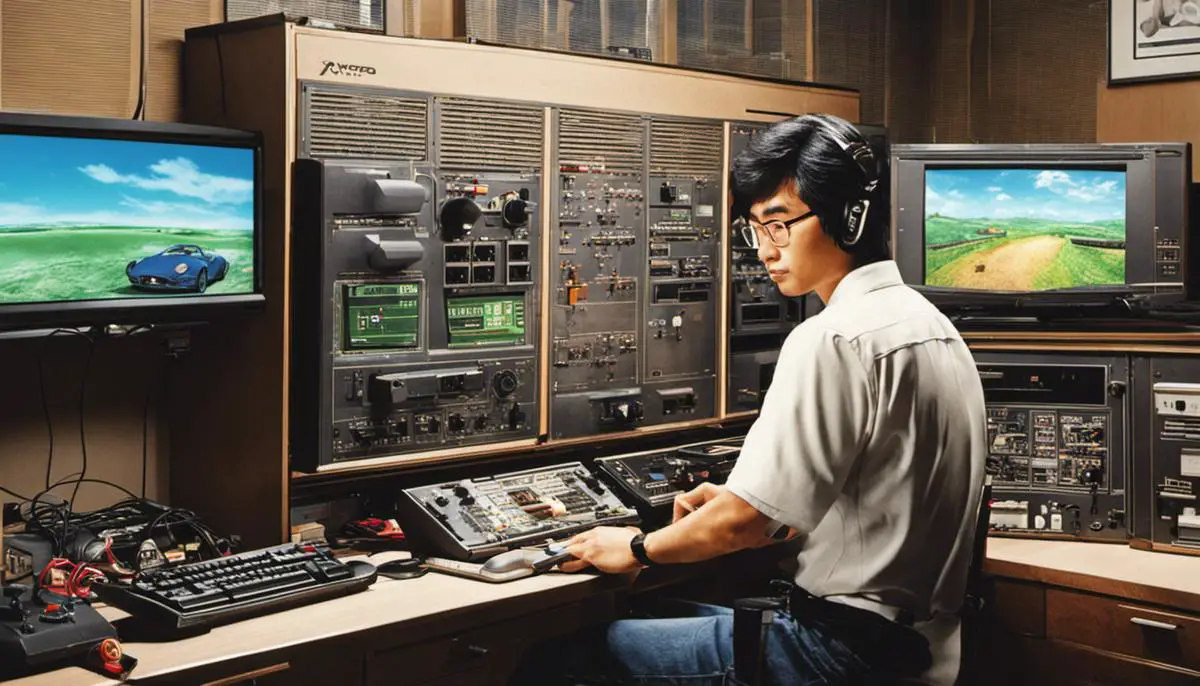Image depicting Genyo Takeda's early career at Nintendo, showing him working on video game development.