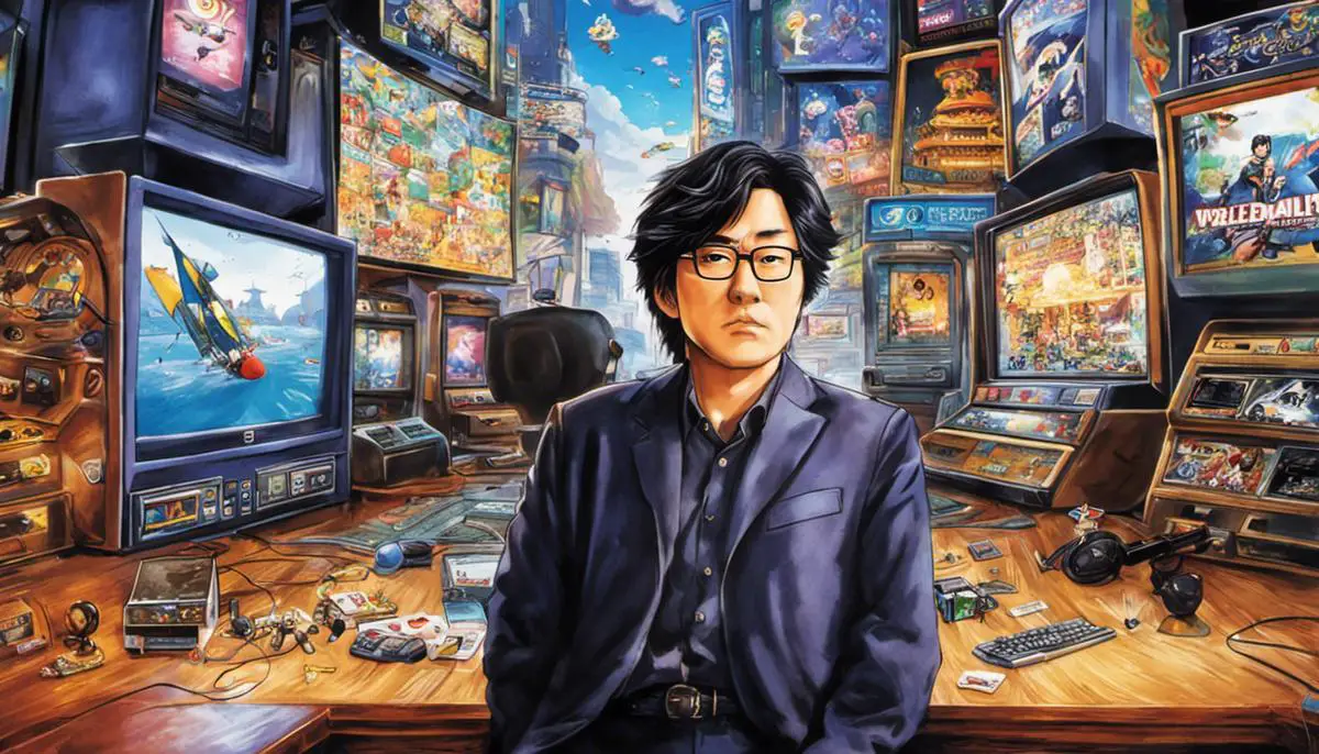 Image of Takashi Tezuka against a gaming background, symbolizing his influence and impact in the gaming industry.